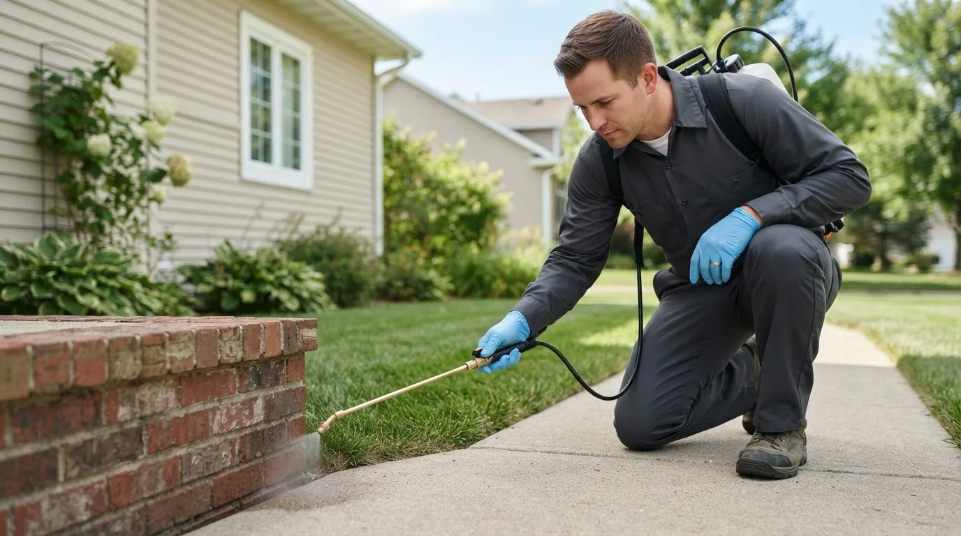 Pest control technician treating a home near Clothier, WV